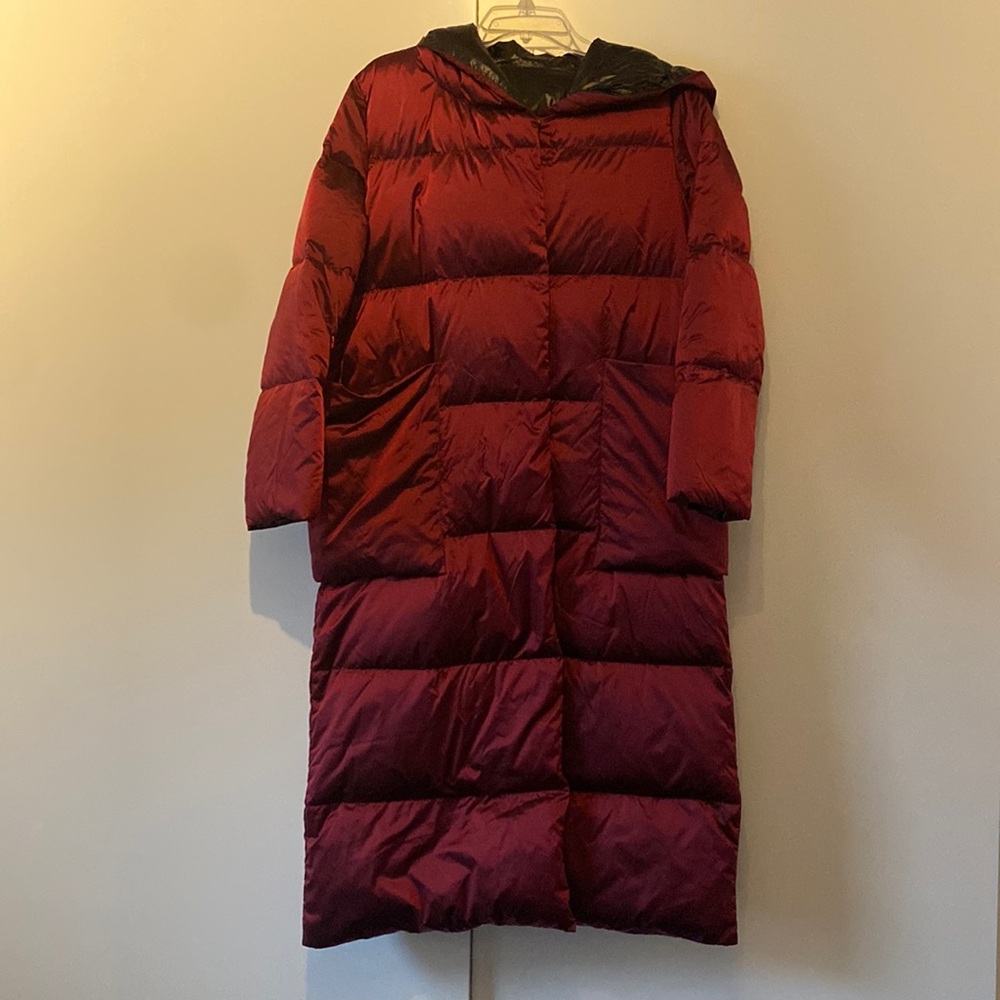Lattalier long puffer coat, size medium. Wine exterior, black interior.
